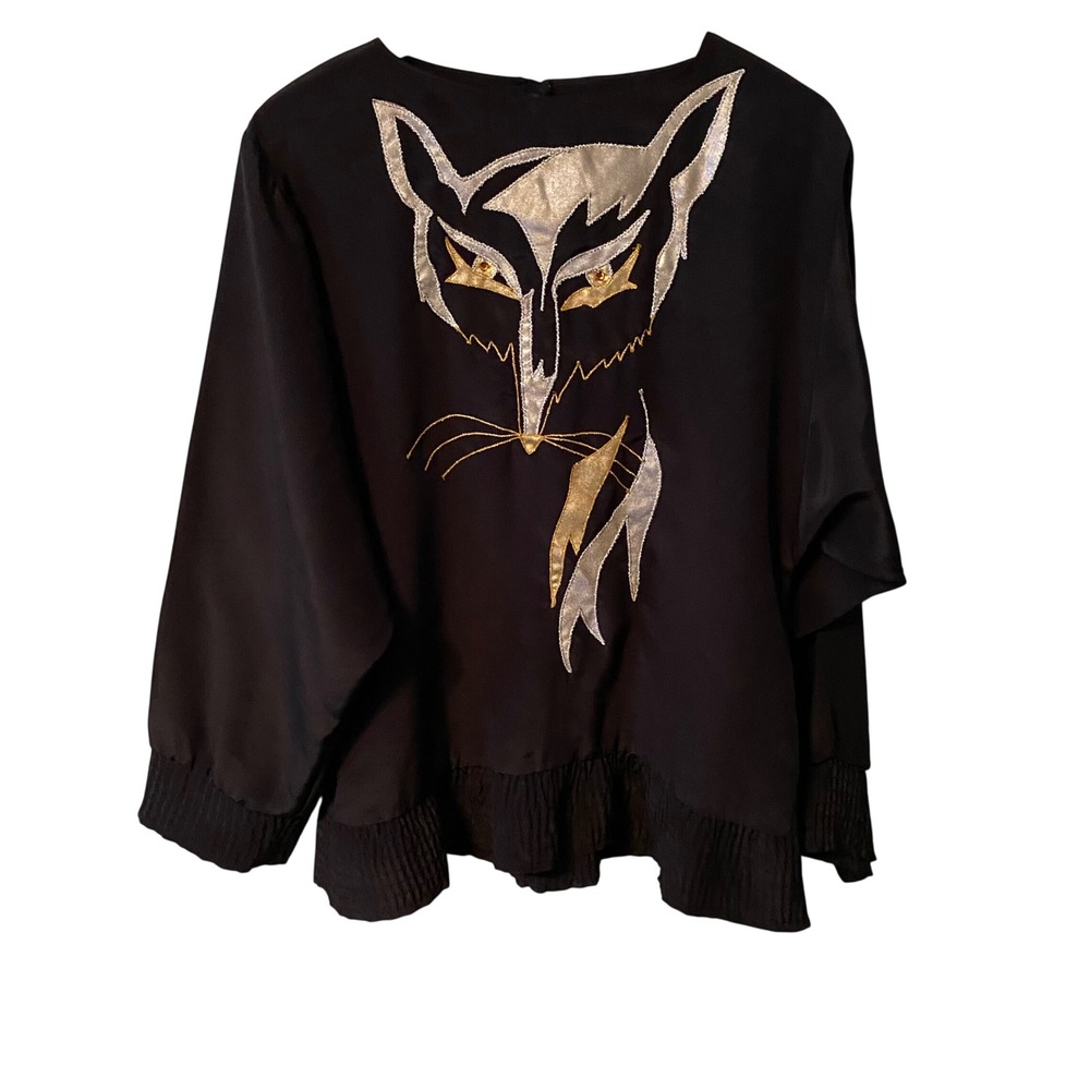 VTG Designs of California Black Fox Face Embellished Blouse Top XS